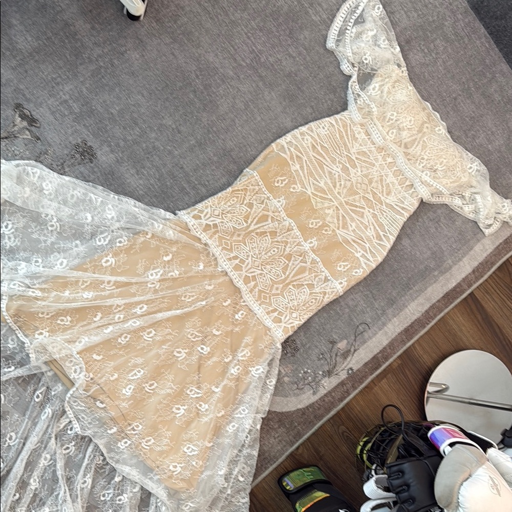 Off-Shoulder White Lace Train Maxi Mermaid Bridal Gown Dress Boho Wedding - Picture 16 of 16